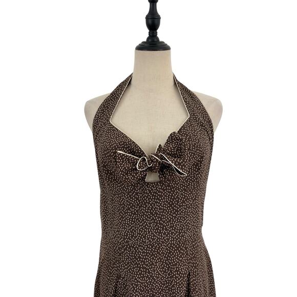 Vtg 90s Kay Unger Silk Dress Brown Cream Halter Key Hole Buttons Down Back Sz 10 - Picture 2 of 9